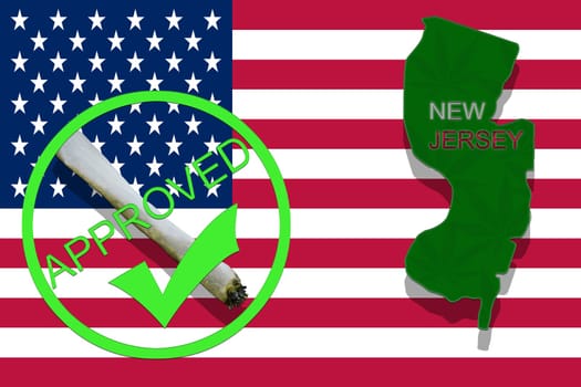 new jersey state on cannabis background. drug policy. legalization of marijuana on usa flag