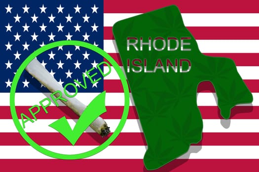 rhode island state on cannabis background. drug policy. legalization of marijuana on usa flag