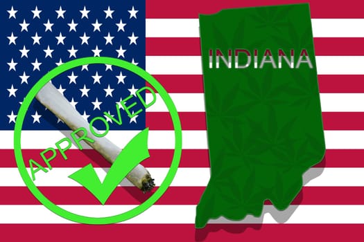 indiana on cannabis background. drug policy. legalization of marijuana on usa flag