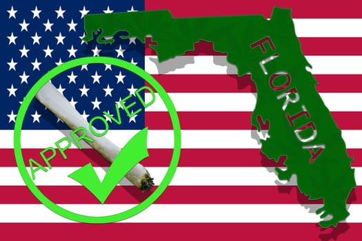 florida on cannabis background. drug policy. legalization of marijuana on usa flag