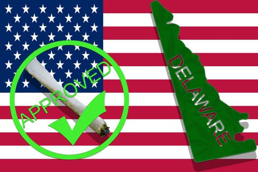 delaware on cannabis background. drug policy. legalization of marijuana on usa flag