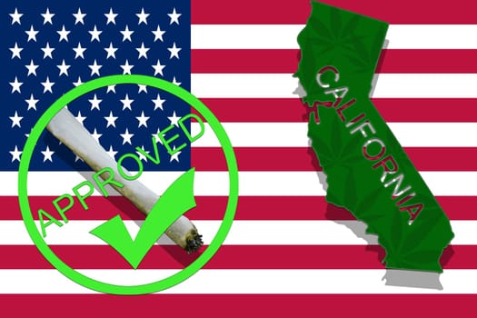 california on cannabis background. drug policy. legalization of marijuana on usa flag