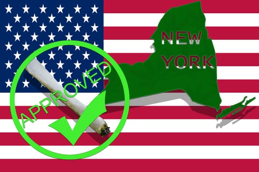 new york on cannabis background. drug policy. legalization of marijuana on usa flag