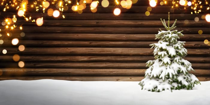 Christmas frame with wooden background,snow covered fir tree and glowing defocused lights