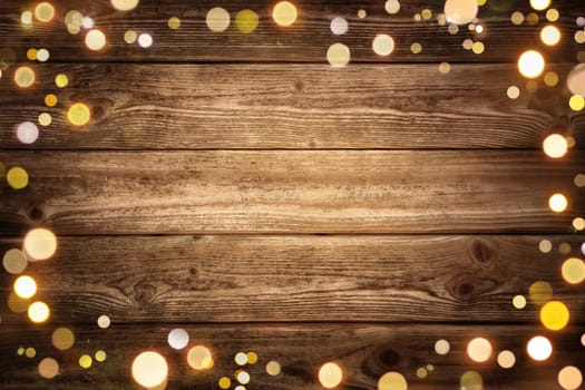 Festive rustic wood background with dark vignette and framed by glowing bokeh lights,ideal for Christmas,advertisement or party