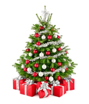 Gorgeous natural Christmas tree with red,white and silver ornaments and matching gift boxes,studio isolated on white background