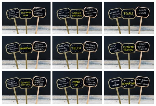 Photo collage of concept messages written with chalk on wooden mini blackboard labels and light bulb as symbol for idea, defocused chalkboard and wood table in background