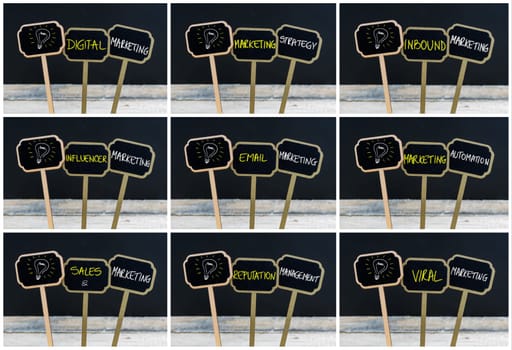 Photo collage of concept messages written with chalk on wooden mini blackboard labels and light bulb as symbol for idea, defocused chalkboard and wood table in background