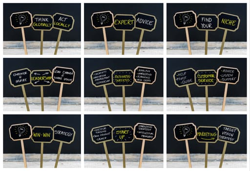 Photo collage of concept messages written with chalk on wooden mini blackboard labels and light bulb as symbol for idea, defocused chalkboard and wood table in background