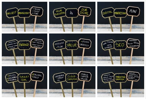 Photo collage of concept messages written with chalk on wooden mini blackboard labels and light bulb as symbol for idea, defocused chalkboard and wood table in background