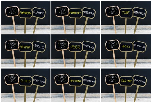 Photo collage of concept messages written with chalk on wooden mini blackboard labels and light bulb as symbol for idea, defocused chalkboard and wood table in background