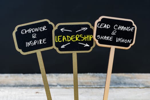 Concept message LEADERSHIP written with chalk on wooden mini blackboard labels, defocused chalkboard and wood table in background
