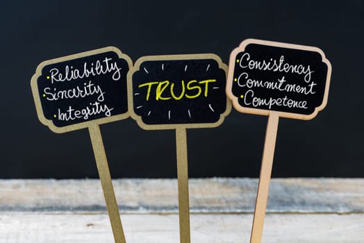 Concept message TRUST written with chalk on wooden mini blackboard labels, defocused chalkboard and wood table in background