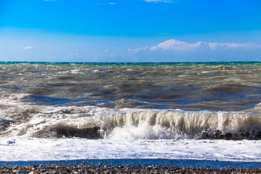 View of storm seascape.  Sea background. Waves.  waves crashing on shore
