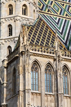 St. Stephen's Cathedral with ornately patterned, multi colored roof in Vienna, Austria