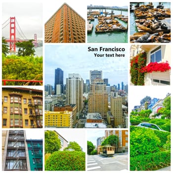 San Francisco Cityscape with Downtown Skyscrapers in a Distance. San Francisco, California, USA. Collage