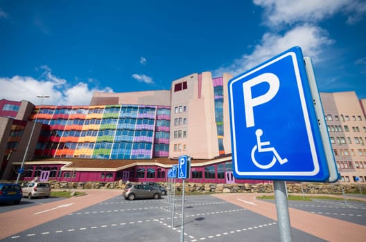 ZWOLLE, NETHERLANDS - APRIL 4, 2016: Colorful entrance of the Isala hospital. It is the largest non academic hospital in the netherlands with over 1,100 beds