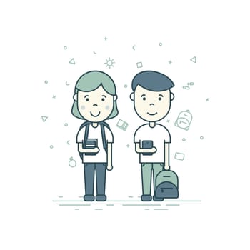 Colorful vector illustration in trendy flat linear style. Cute pupils students with backpack phone smile