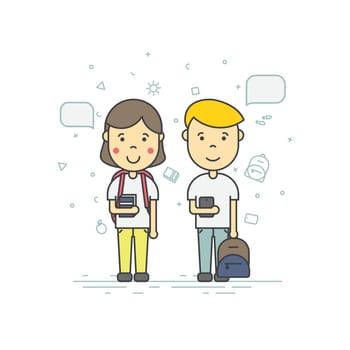 Colorful vector illustration in trendy flat linear style. Cute pupils students with backpack phone smile