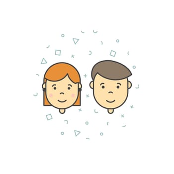 Colorful vector illustration in trendy flat linear style. Cute pupils students with backpack phone smile