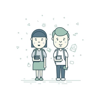 Colorful vector illustration in trendy flat linear style. Cute pupils students with backpack phone smile