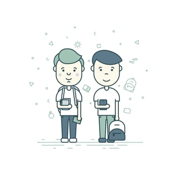 Colorful vector illustration in trendy flat linear style. Cute pupils students with backpack phone smile