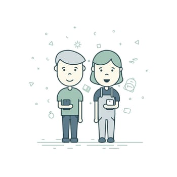 Colorful vector illustration in trendy flat linear style. Cute pupils students with backpack phone smile