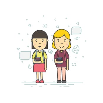 Colorful vector illustration in trendy flat linear style. Cute pupils students with backpack phone smile