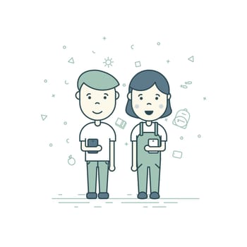 Colorful vector illustration in trendy flat linear style. Cute pupils students with backpack phone smile
