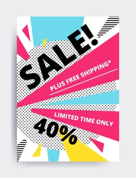 Flat design eye catching sale website banner template. Bright colorful vector illustrations for social media, posters, email, print, mobile phoned designs, ads, promotional material. Yellow Pink Blue