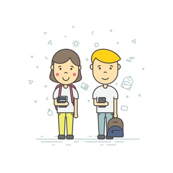 Colorful vector illustration in trendy flat linear style. Cute pupils students with backpack phone smile