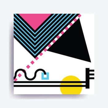 Colorful trend Neo Memphis geometric pattern juxtaposed with bright bold blocks of color zig zags, squiggles, erratic images. Design background elements composition. Magazine, leaflet, billboard