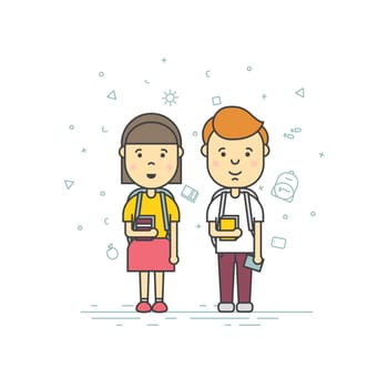 Colorful vector illustration in trendy flat linear style. Cute pupils students with backpack phone smile