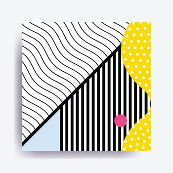 Colorful trend Neo Memphis geometric pattern juxtaposed with bright bold blocks of color zig zags, squiggles, erratic images. Design background elements composition. Magazine, leaflet, billboard