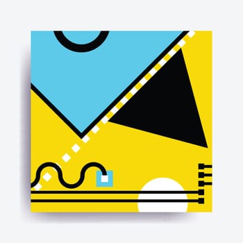 Colorful trend Neo Memphis geometric pattern juxtaposed with bright bold blocks of color zig zags, squiggles, erratic images. Design background elements composition. Magazine, leaflet, billboard