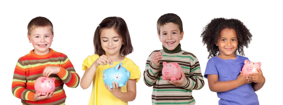 Four funny children with money-box isolated on a white background
