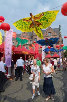 lots of visitors in the streets of dusseldorf during the chinese festival (chinafest). This year, the State Capital Düsseldorf and the city of Chongqing in western China are celebrating the tenth anniversary of their twinning arrangement