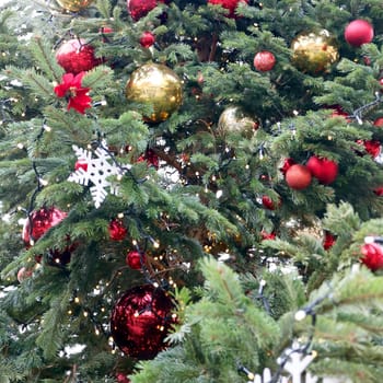 Christmas tree with beautiful toys photographed close-up