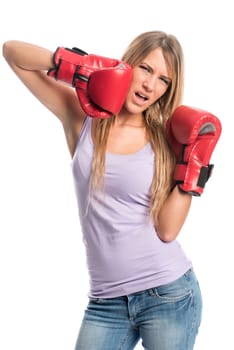 Blonde woman wears red box gloves