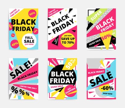 Flat design Black Friday sale website banner template set. Bright colorful vector for social media, posters, email, print, ads, promotional material. Yellow Pink Black and White