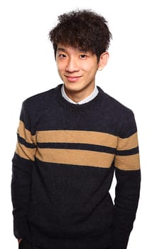Young Asian man close up shot isolated on white