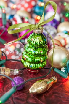 Colorful Christmas decorations and string of lights for the Christmas tree