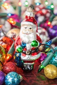Colorful Christmas decorations and string of lights for the Christmas tree