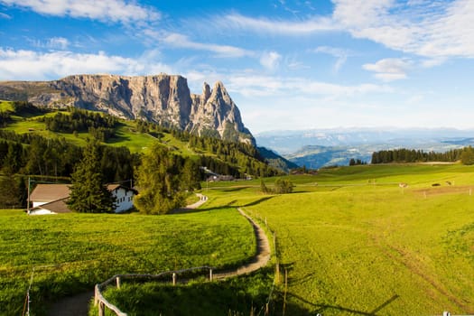 Panoramic view of the upper floor of the Seiser Alm Schlern on a sunny day