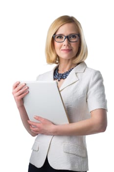 POrtrait of elderly business woman in glasses with tablet in hands. Happy smiling expression.Isolated over white background. Copy space.