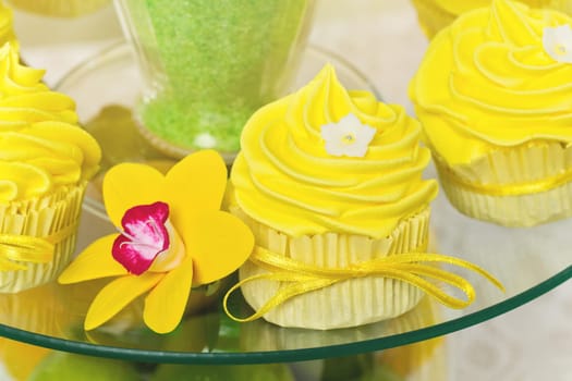 Close up of yellow cupcakes lying on transparent plate with flower