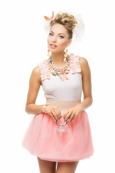Stylish girl wearing modern style bridal clothes with fashionable hairstyle and accessories