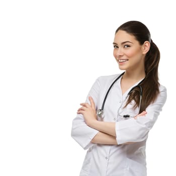 Portrait of beautiful young smiling woman dressed as doctor with stethoscope. Isolated over white background. Copy space.