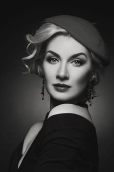 Beautiful lady in beret. Beauty portrait. Film noir retro style. Over black background. Monochrome.