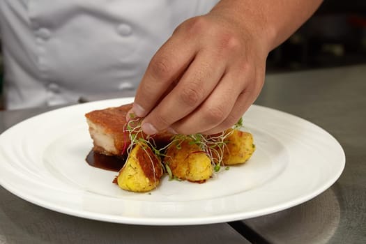 Detail of Chef Decorating Traditional Peruvian Meal Called Chicharron de Panceta de Cerdo.